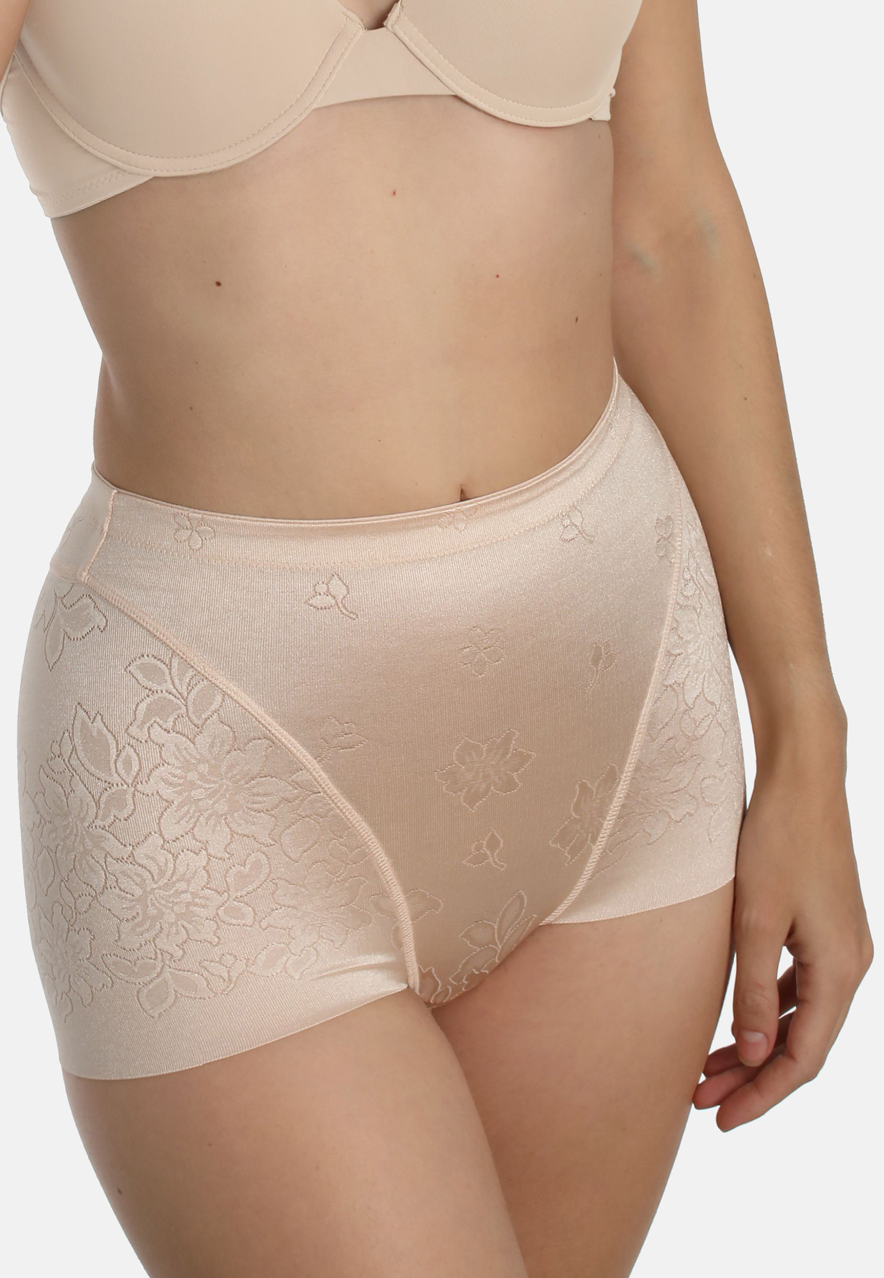 Miederhose aus Blumen-Jacquard. Beinausschnitt offenkantig damit sich nichts unter der Kleidungabzeichnet.  Formend, jedoch nicht einengend.MiederhoseGlanzmaterial mit dekorativem Blumen-JacquardBeinausschnitt mit glatter Kante ohne Saum. Zeichnet sich ni
